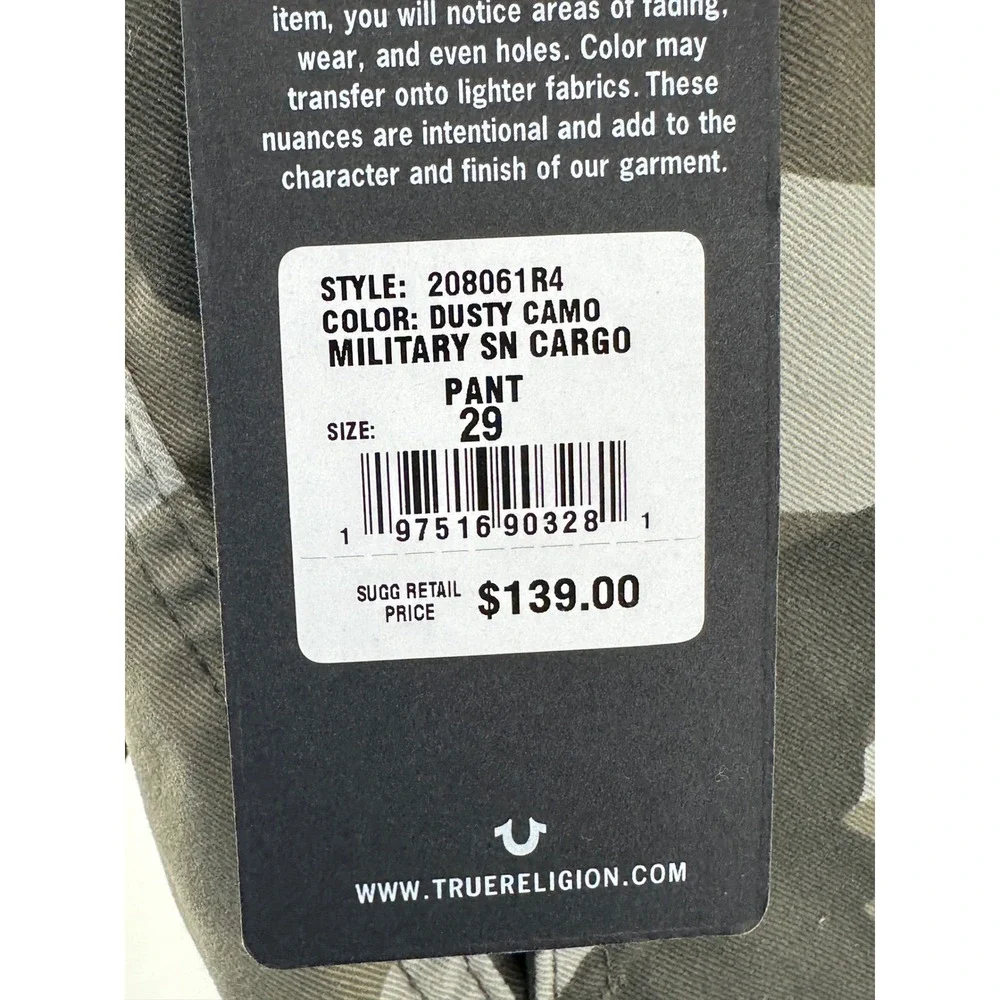 True Religion Cargo Pants Mens 29 Green Camouflage Straight Fit Military Modern